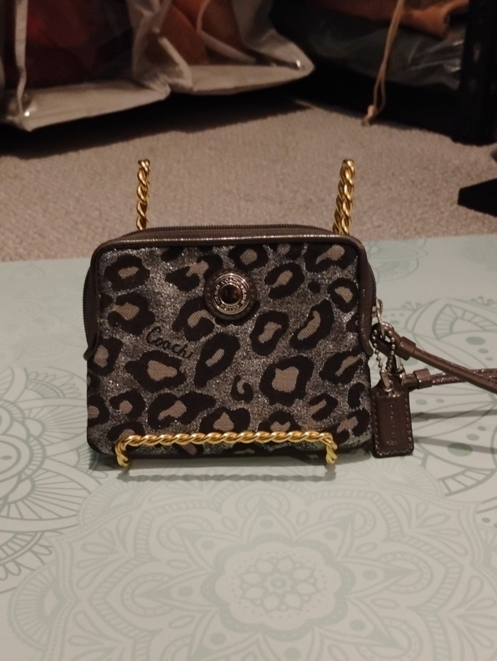 Coach Metallic Leopard Wristlet w/Hang Tag In Black Gray & Silver With Patent